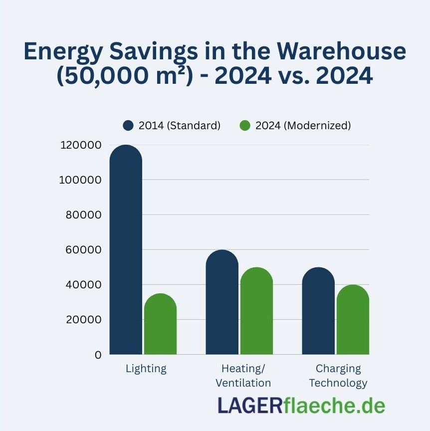 Graphic: Energy efficiency in warehouse logistics: Comparison of electricity consumption in 2014 versus 2024 for lighting, heating, and charging technology.